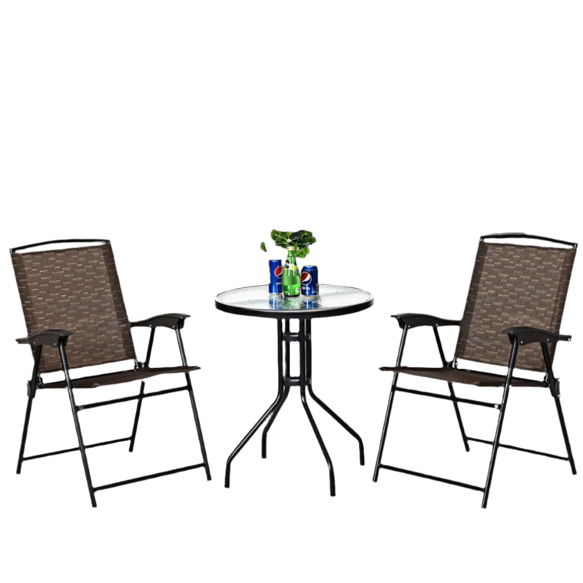 3-teiliges Bistro Gartenmöbel-Set – 2 klappbare Stühle & runder Glastisch