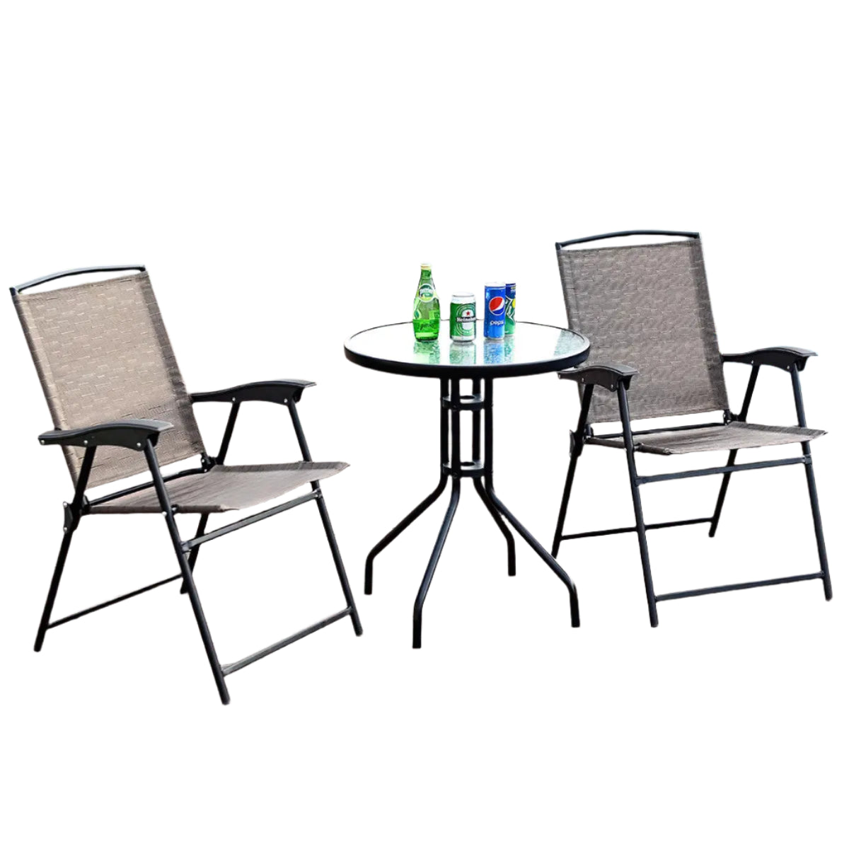 3-teiliges Bistro Gartenmöbel-Set – 2 klappbare Stühle & runder Glastisch