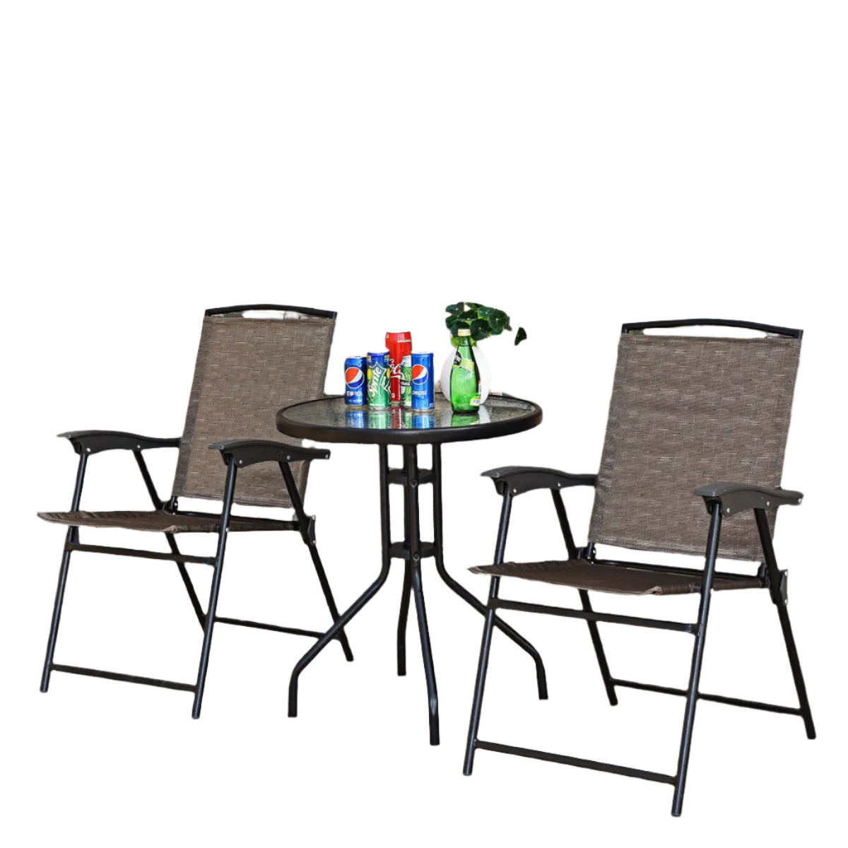 3-teiliges Bistro Gartenmöbel-Set – 2 klappbare Stühle & runder Glastisch