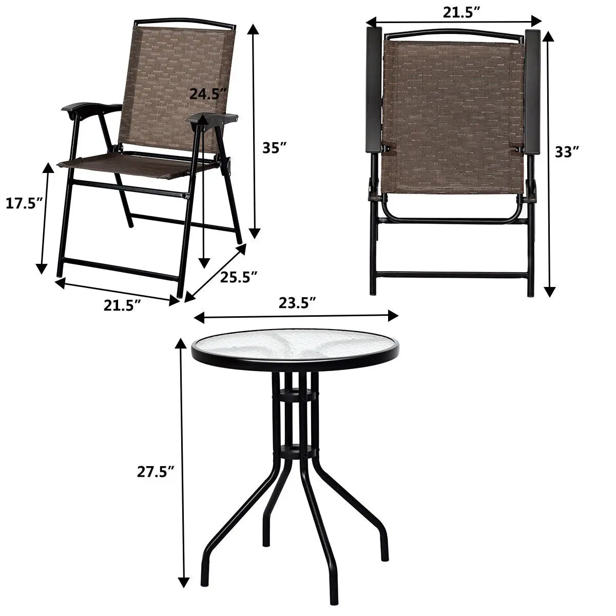 3-teiliges Bistro Gartenmöbel-Set – 2 klappbare Stühle & runder Glastisch